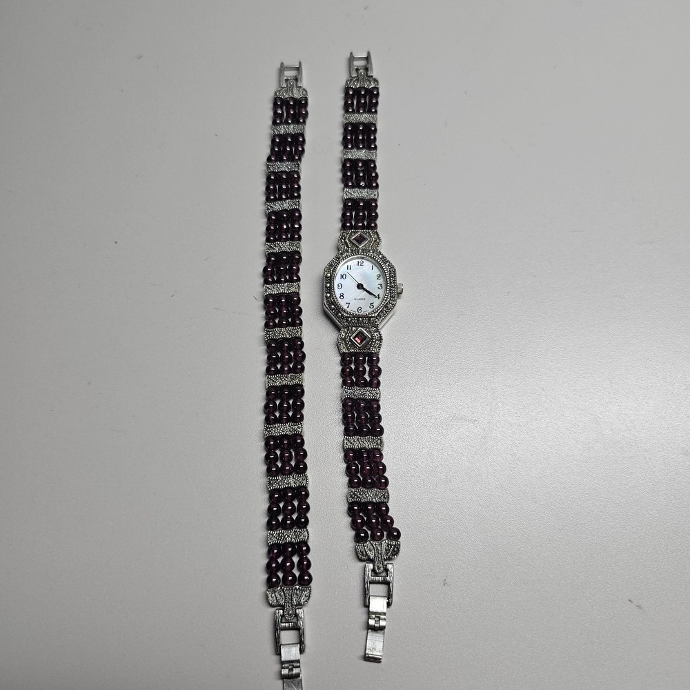 Vtg Silver Tone Marcasite W/‎ Garnet Beads  Watch & Bracelet Set